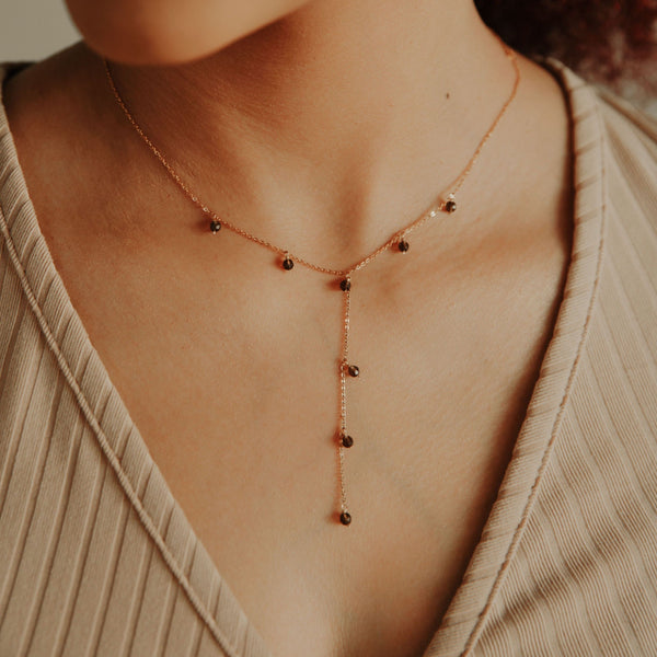 Tiny Smoky Quartz Stone Y-Drop Necklace - - Necklaces - Ofina