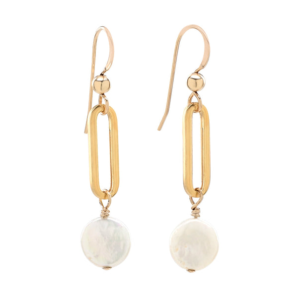 Oval Link Pearl Disc Drop Earrings - - Earrings - Ofina