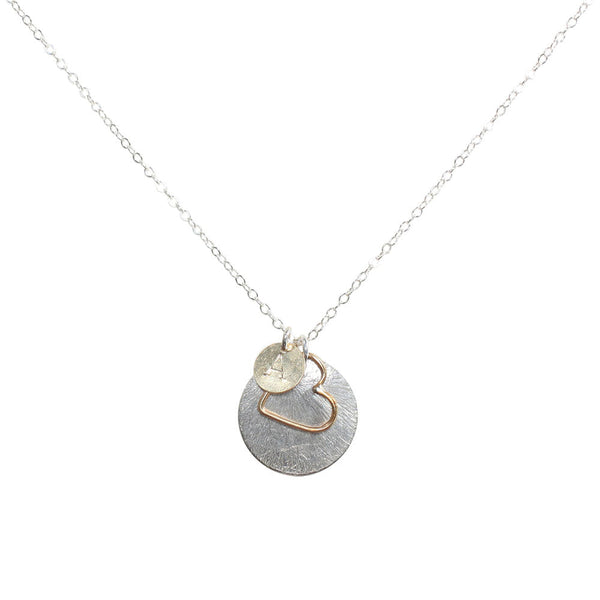 Monogram Necklace + Heart Outline + Brushed Disc - Silver - Necklaces - Ofina