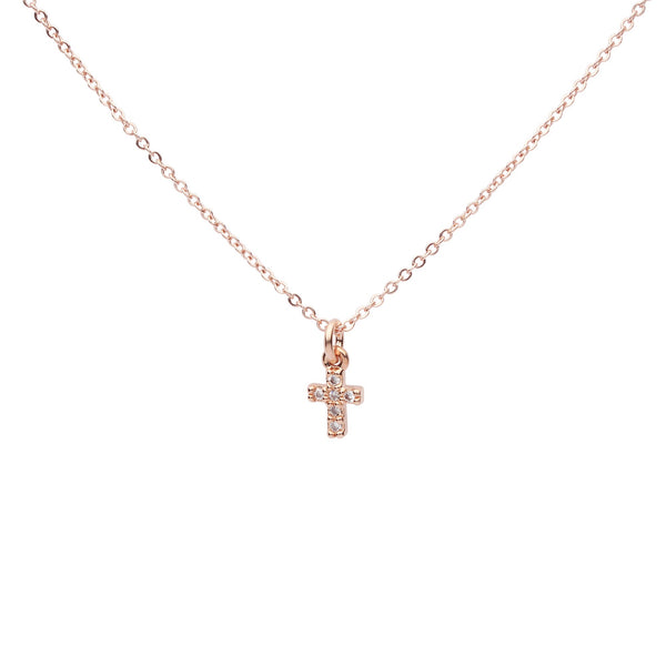 CZ Tiny Cross Necklace - Rosegold - Necklaces - Ofina