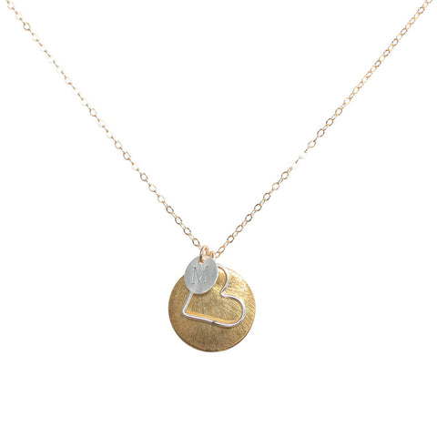 Monogram Necklace + Heart Outline + Brushed Disc - Gold - Necklaces - Ofina
