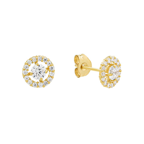 14k Solid Gold CZ Round Halo Studs -  - Earrings - Ofina