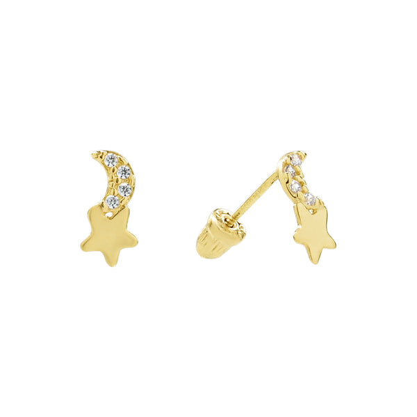 14k Solid Gold Star & CZ Half-Moon Studs -  - Earrings - Ofina