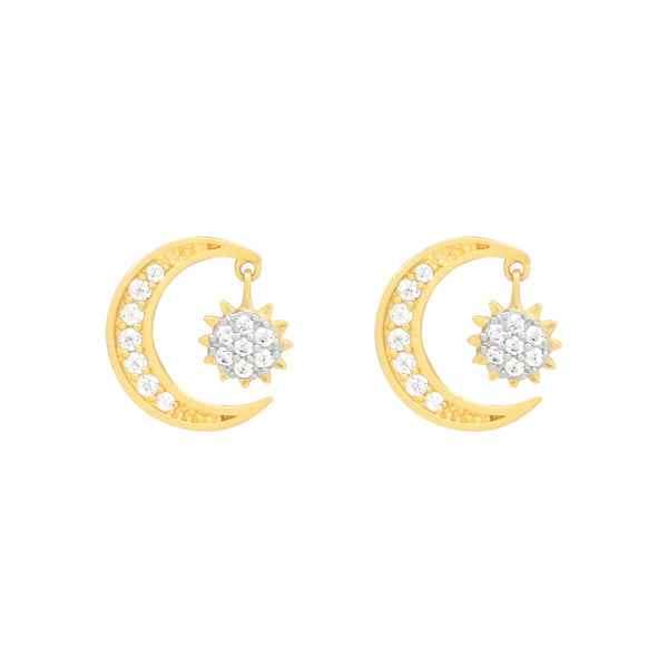 14k Solid Gold CZ Half Moon & Sun Dangle Studs -  - Earrings - Ofina