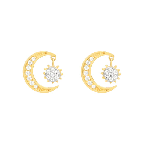 14k Solid Gold CZ Half Moon & Sun Dangle Studs -  - Earrings - Ofina