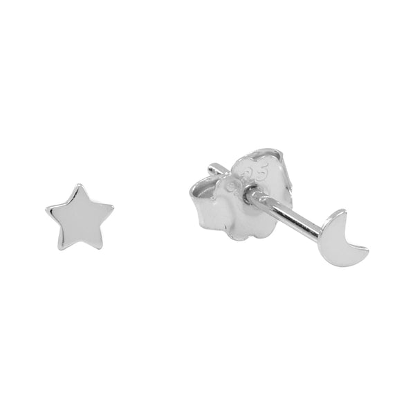 Tiny Moon & Star Studs - Silver - Earrings - Ofina