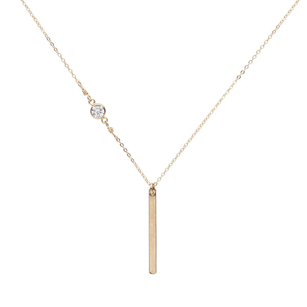 Thin Bar with Off-Center CZ Necklace - Gold - Necklaces - Ofina